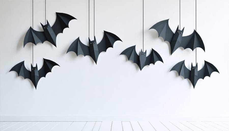 DIY tutorial showing how to make paper bat wall decorations for Halloween