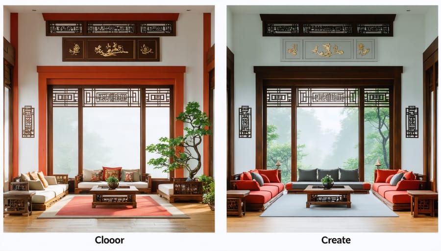 Split image comparing Asian minimalist design with warm colors versus Western design with cool tones