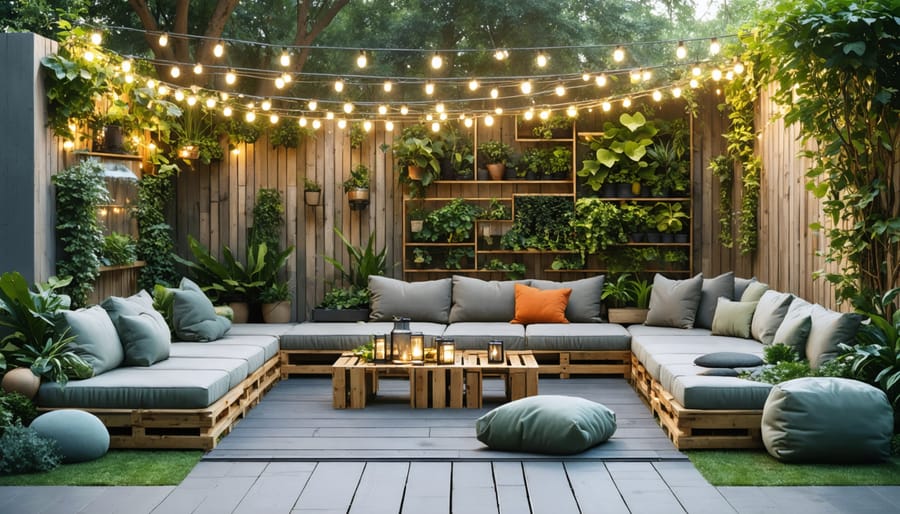 A sustainable backyard setup featuring solar string lights, multifunctional furniture made from reclaimed wood, a vertical garden wall, and a decorative recycled water feature, creating an eco-friendly and inviting entertainment space.