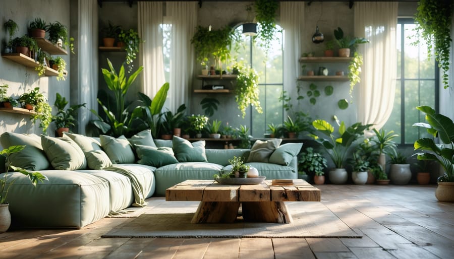 Conceptual modern living room showcasing eco-friendly decor with a reclaimed wood coffee table, organic textile pillows, and air-purifying plants, bathed in natural light.