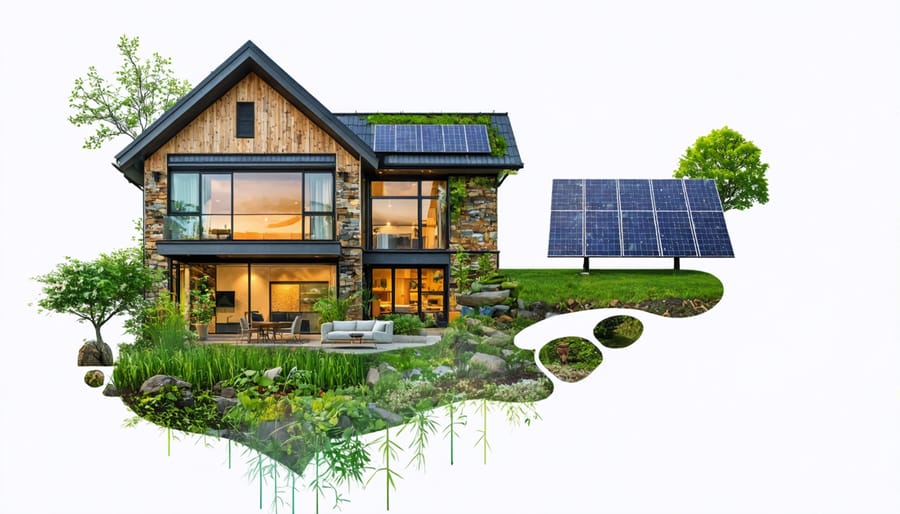 Collage of a modern home featuring sustainable elements such as energy-efficient windows, solar panels, and recycled materials like reclaimed wood and bamboo, symbolizing eco-conscious renovation.