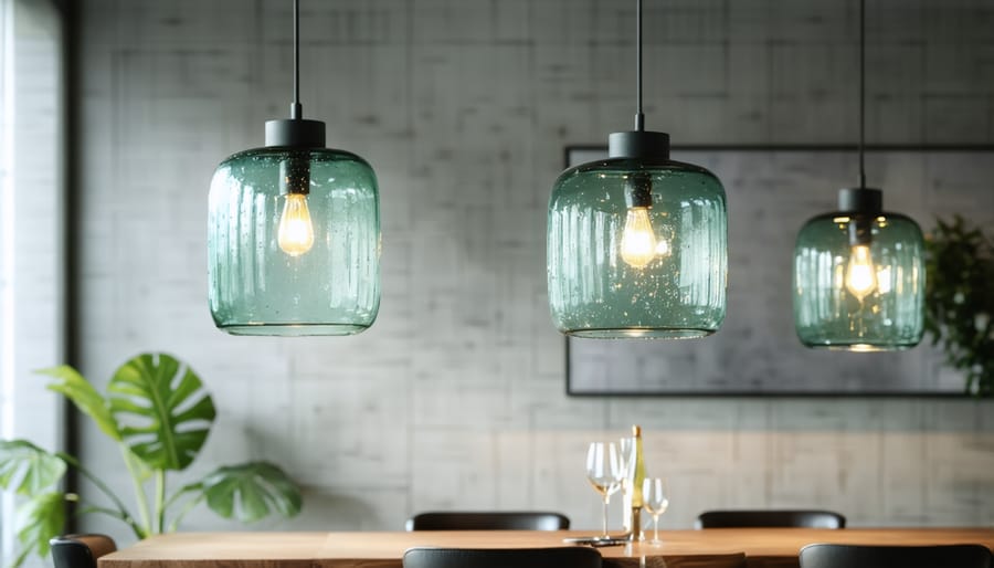 Modern LED pendant lights crafted from recycled glass hanging over a dining table