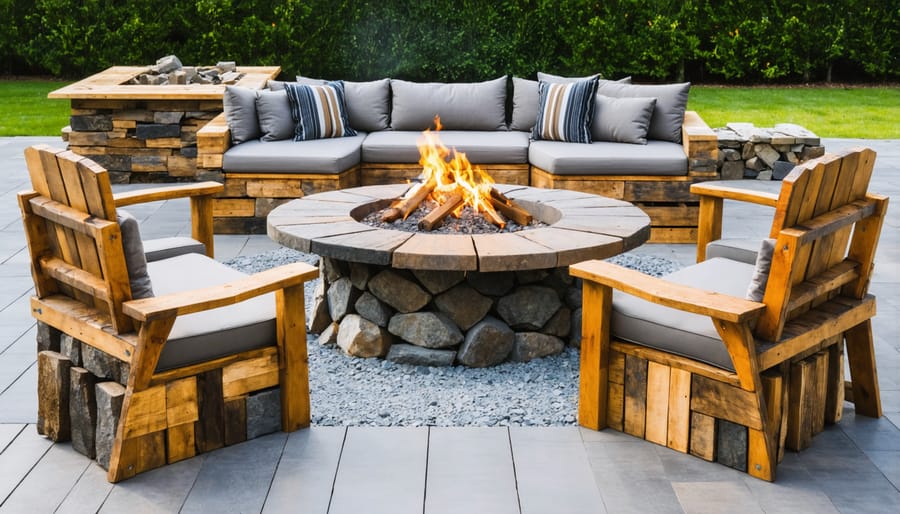 Sustainable outdoor lounge area featuring furniture crafted from reclaimed materials