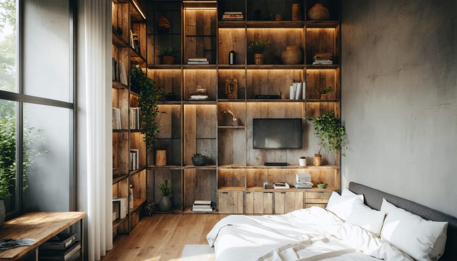 Space-efficient vertical storage system made from sustainable materials in bedroom corner