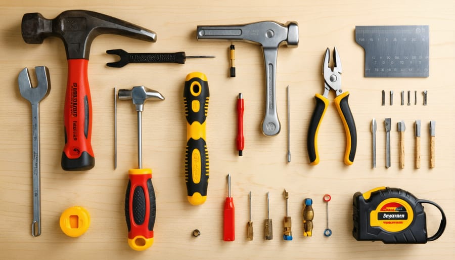 Basic DIY toolkit arranged neatly on a wooden workbench