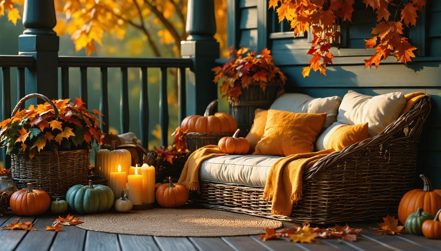 Fall-decorated three-season porch with cozy lighting and warm textiles