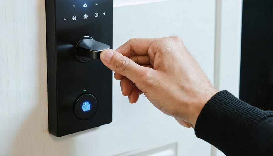 Hand placing finger on a modern biometric door lock scanner