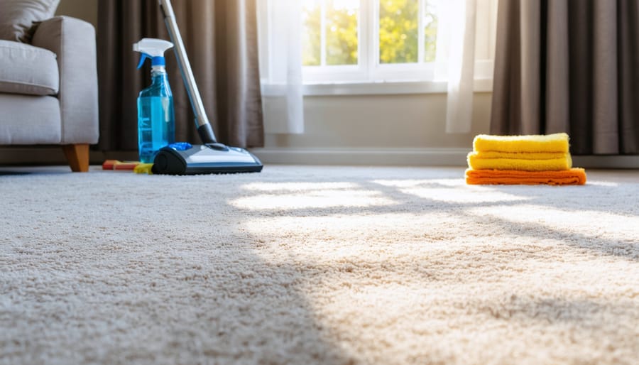 Clean and vibrant carpet in a sunlit living room featuring essential carpet cleaning tools.