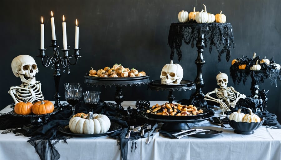 Halloween party buffet table featuring black and silver decorations, candles, and spooky serving ware