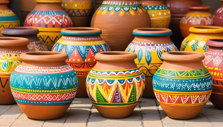 Hand-painted terracotta plant pots featuring vibrant mandala designs and geometric patterns