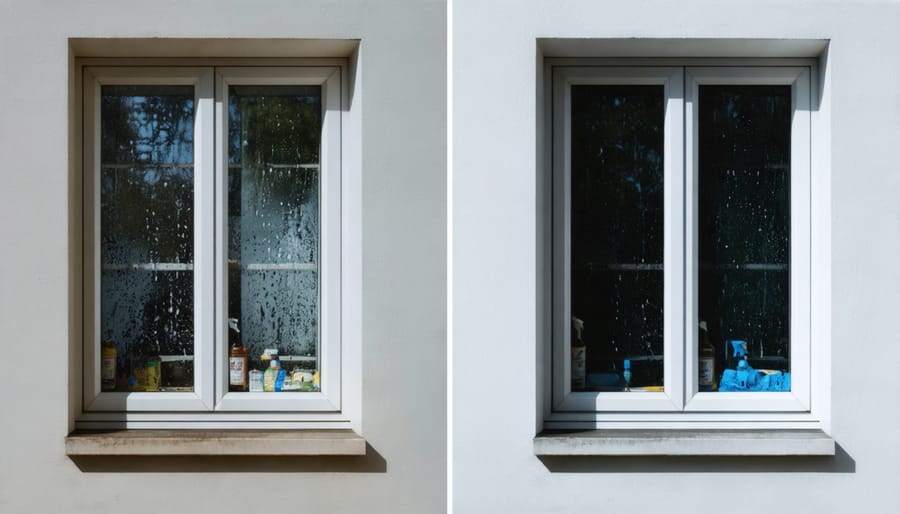 Split image showing window with mineral deposits before cleaning and crystal clear after professional cleaning