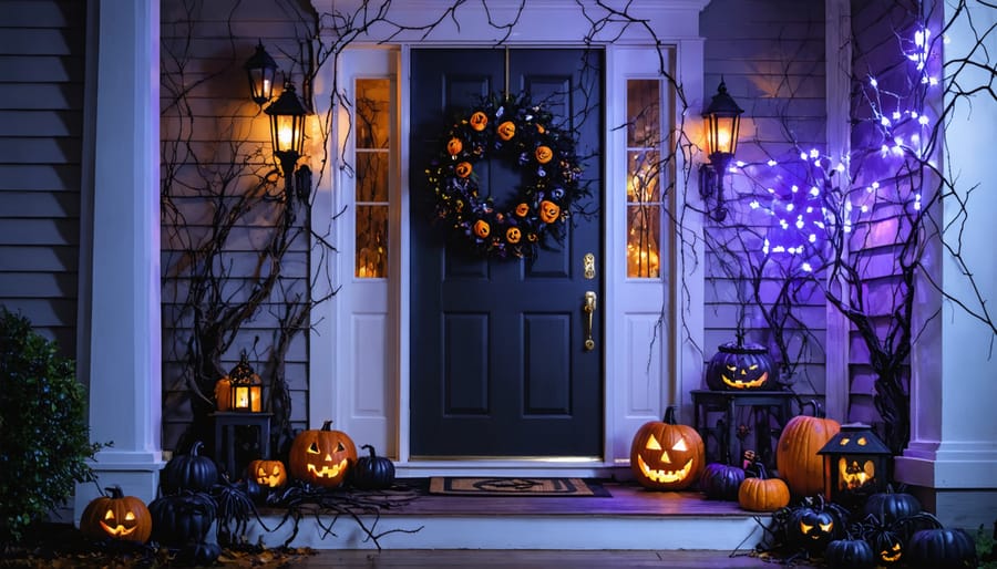 Elegantly decorated Halloween entryway with gothic wreath, cobwebs, spiders, and atmospheric lighting in orange and purple tones.