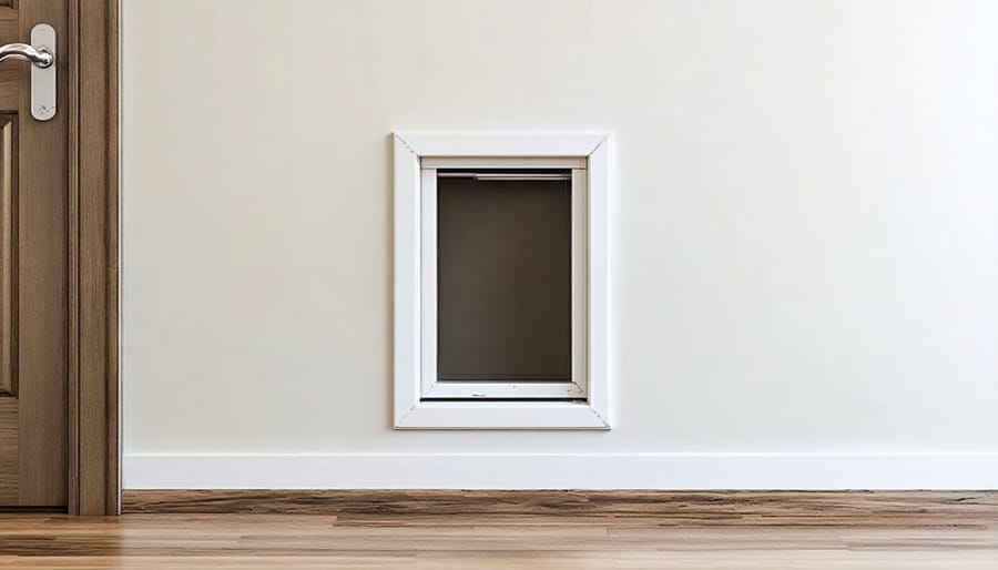 Hidden pet door installed in white baseboard showing seamless integration with home decor