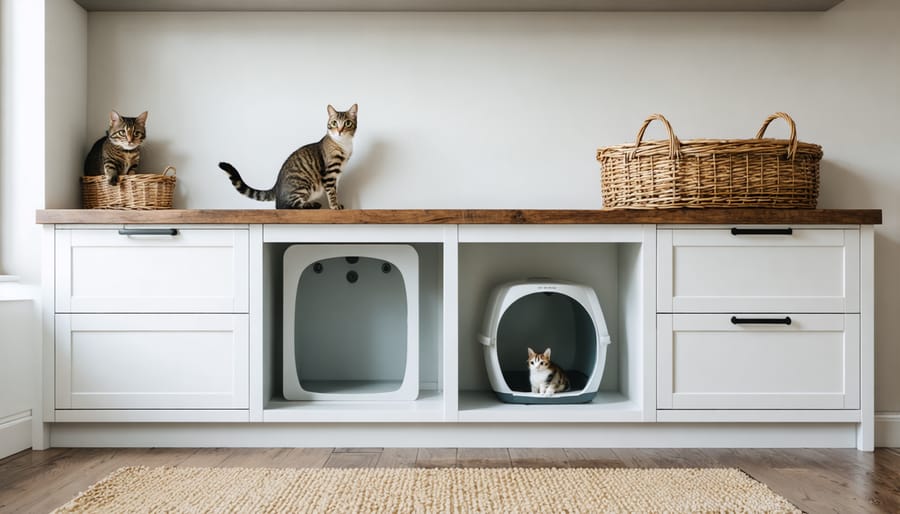 Designer cabinet with concealed cat litter box and organized pet supply storage