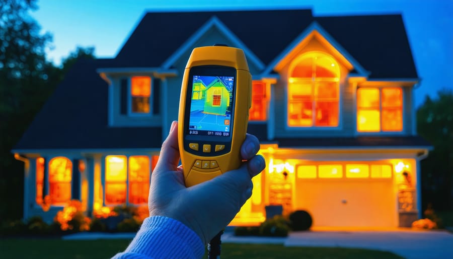 Professional conducting a home energy audit using thermal imaging to detect heat loss