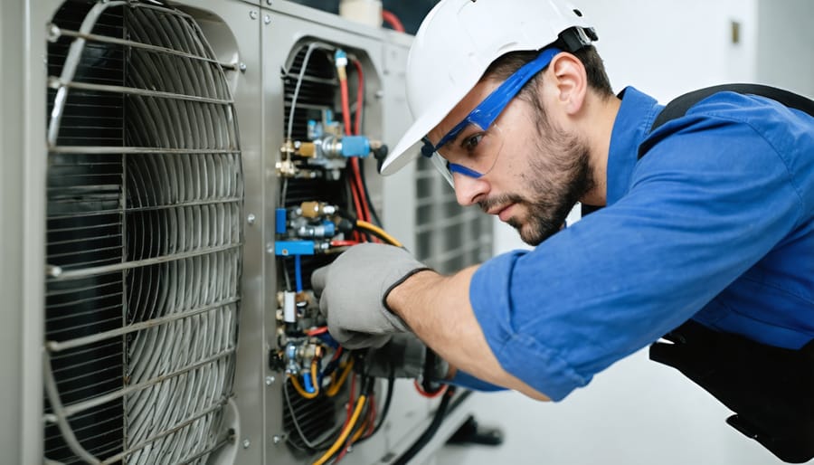 Certified technician inspecting and maintaining home HVAC system