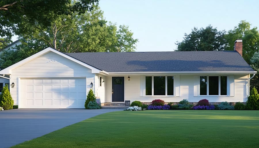 Exterior view of a classic ranch-style home with a low-pitched roof, large windows, attached garage, and a patio showcasing the seamless indoor-outdoor connection.