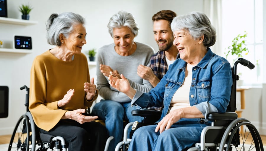 A diverse group of users, including elderly and disabled individuals, interacting with smart home devices using voice commands and gestures in a modern home, illustrating the X Smart Home App's accessibility features.