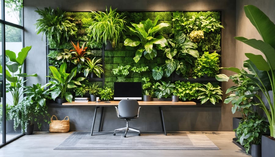 Vertical garden with diverse air-purifying plants integrated into home office design