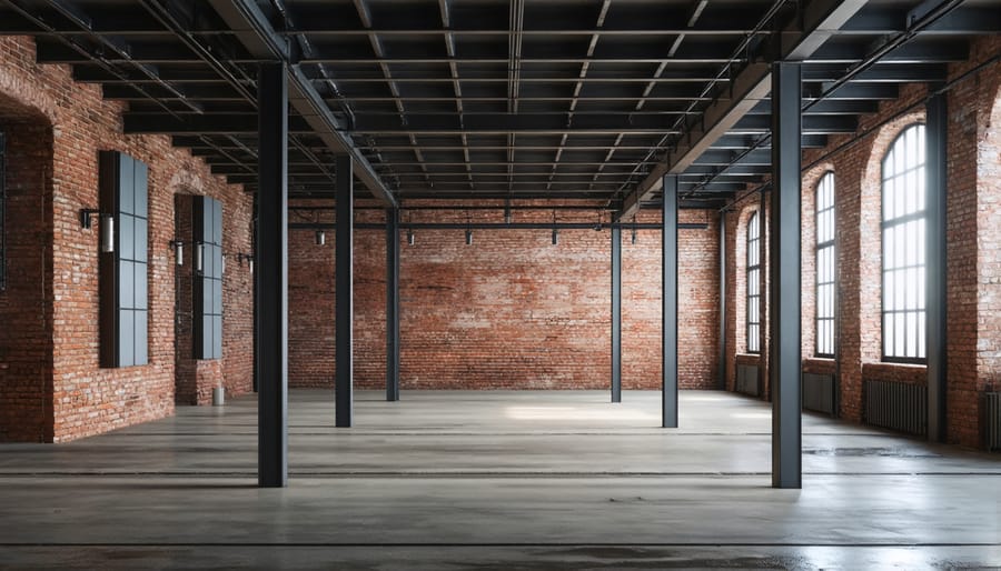 Industrial style loft interior featuring exposed structural elements and modern furnishings