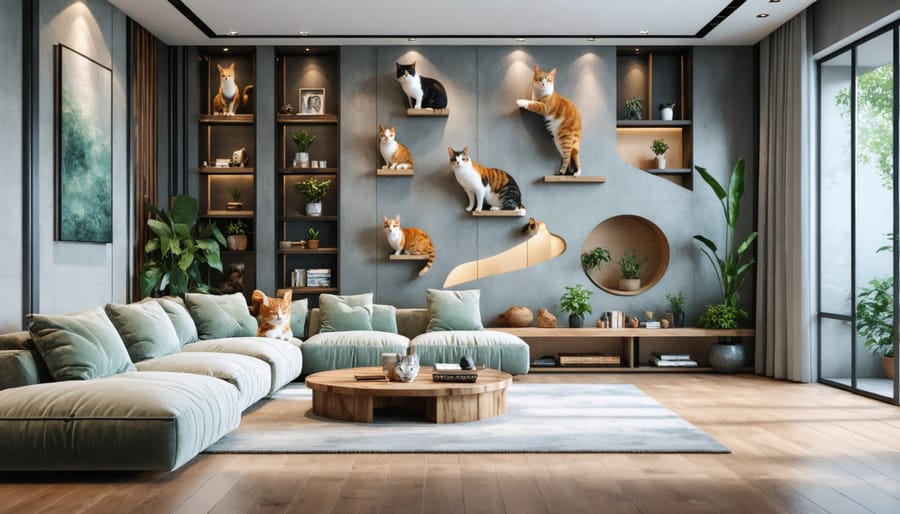 Stylish living room with integrated cat furniture including wall-mounted shelves and window seats