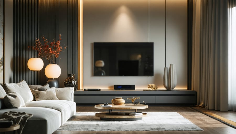 Modern living room with integrated smart home technology, including voice-controlled lighting, smart mirror display, wireless charging table, and motorized curtains.