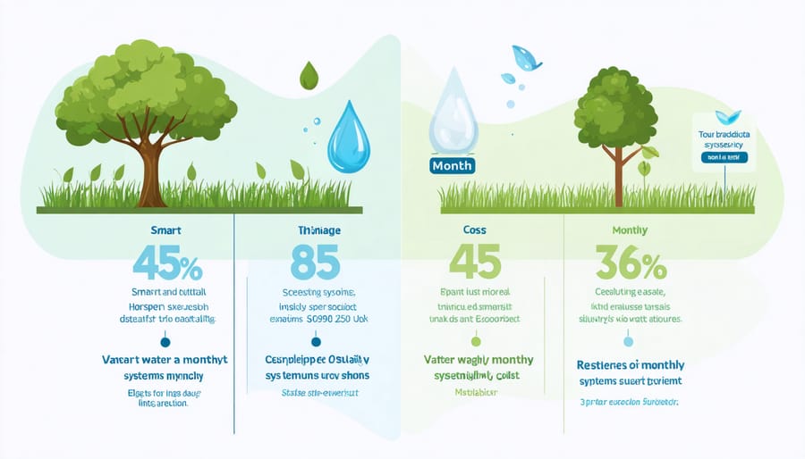 Bar graph comparing water consumption and costs between traditional and smart irrigation systems