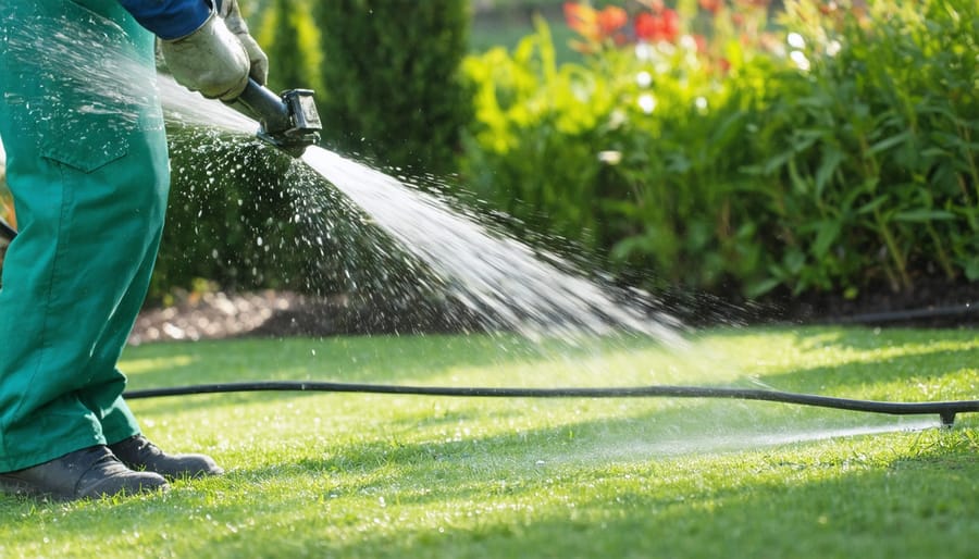 Irrigation system installation showing trenches, pipes, and sprinkler heads being installed