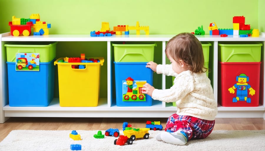 Child-friendly storage system with color-coded bins and picture labels for different types of toys