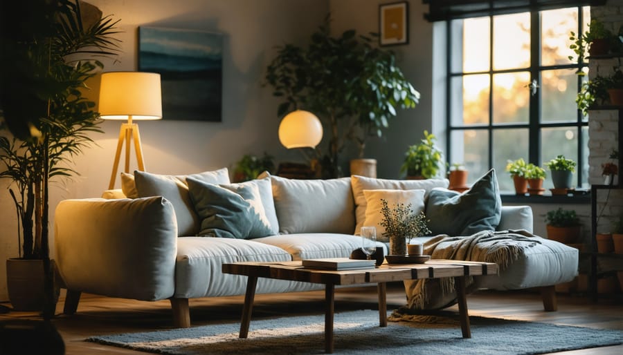 Living room with multiple lighting sources creating a warm and inviting ambiance