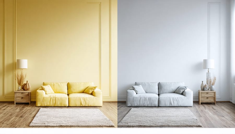 Side-by-side comparison of a warm white room under natural and artificial lighting conditions