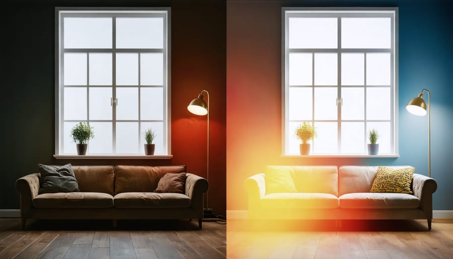 Series of photos showing how paint color appears different under various lighting conditions