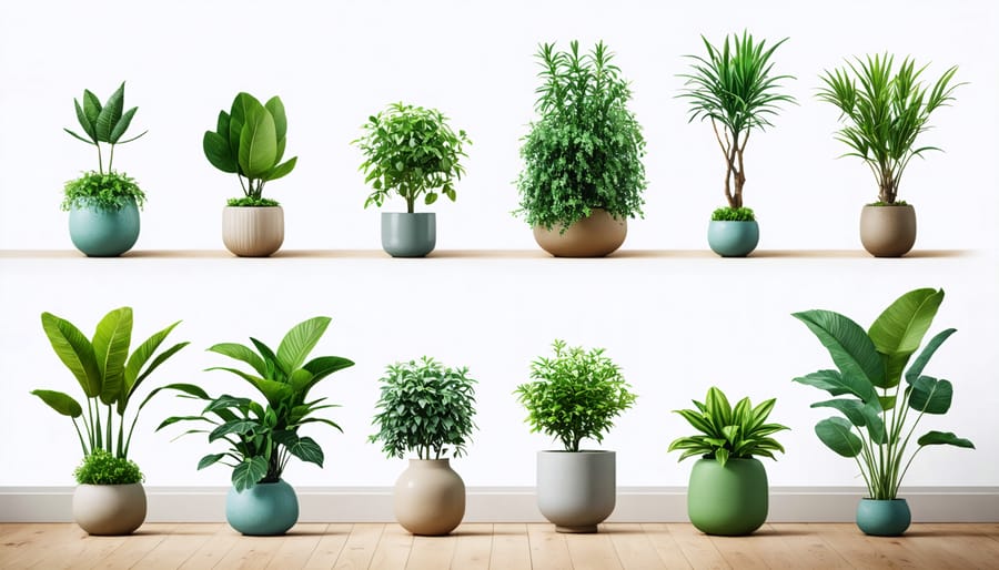 Display of popular low-maintenance houseplants including snake plants, pothos, and ZZ plants