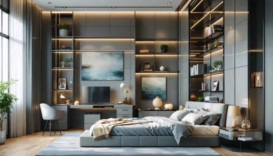 A modern living area featuring a Murphy bed integrated into the wall, a wall-mounted desk, and vertical storage solutions, creating the illusion of a larger, luxurious space.