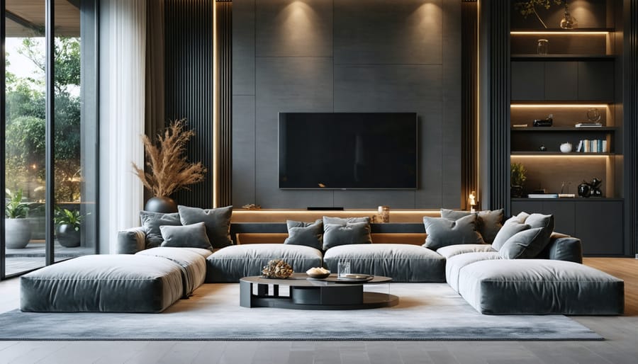 Elegant living room with seamless smart home integration, including touchscreen panels and automated lighting