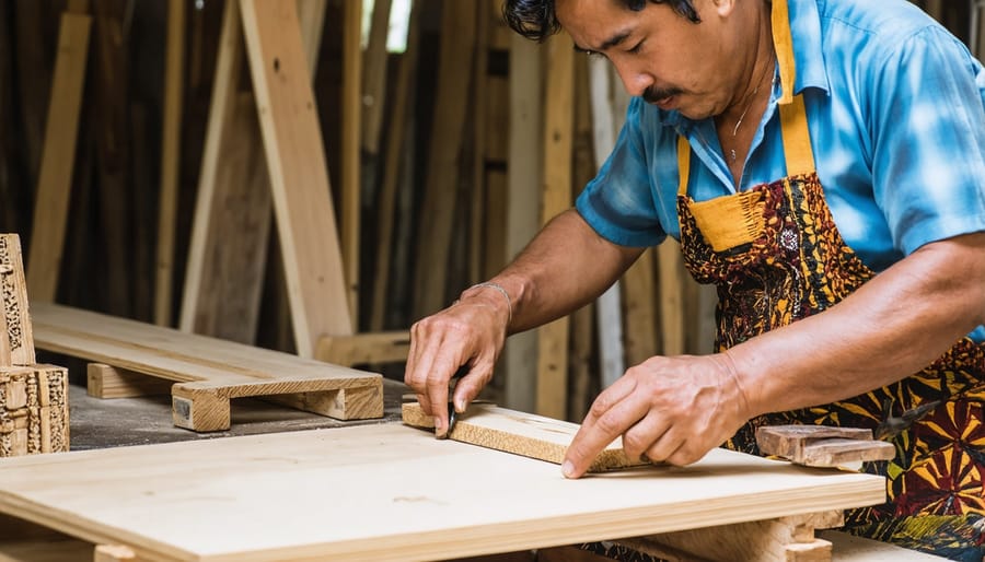 Craftspeople carefully constructing sustainable wooden furniture using traditional woodworking methods