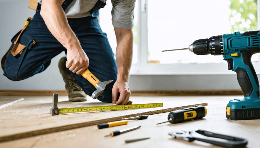 Non-handy homeowner confidently performing a DIY home repair project with basic tools like a hammer and measuring tape in a well-lit living room.