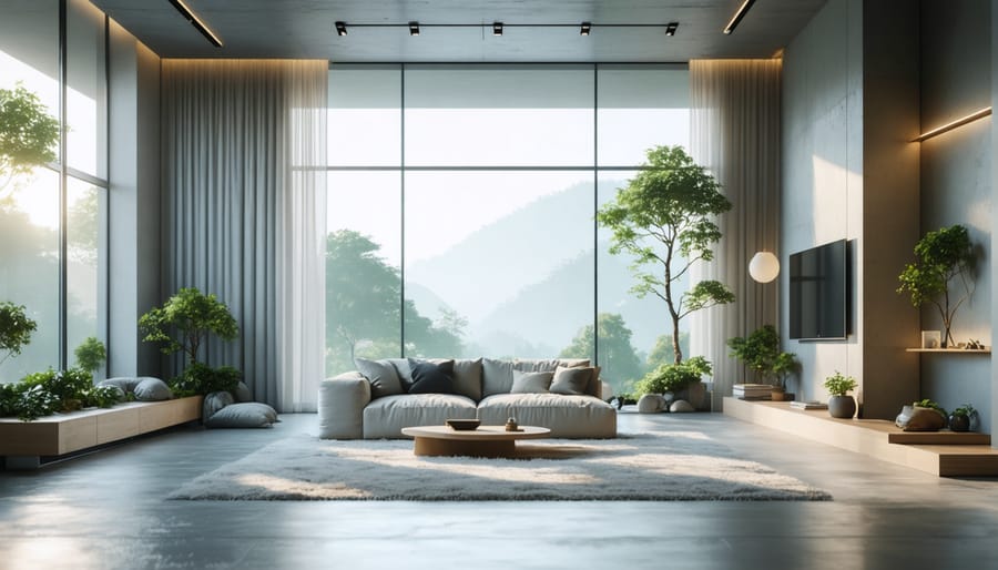 Bright minimalist living room featuring floor-to-ceiling windows and simple furniture