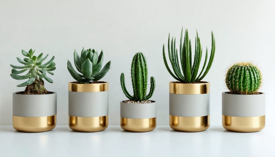 Contemporary white plant pots decorated with geometric patterns and metallic gold details