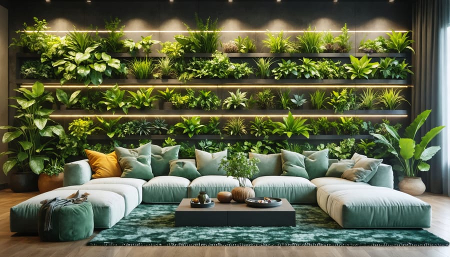 Lush green living wall installation in a contemporary living room setting