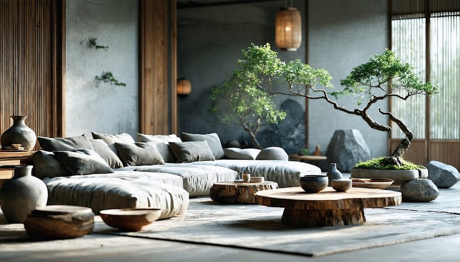 A tranquil living room featuring modern wabi-sabi interior design with natural materials like unfinished wood and handmade ceramics, emphasizing simplicity and imperfect beauty.