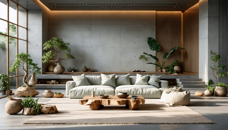 Modern wabi-sabi living room with natural materials and imperfect textures