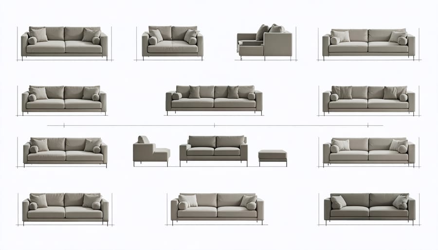 Various modular sofa configuration options with measurements and spacing guides