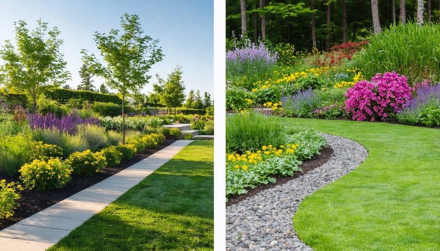 Side-by-side comparison showing transformation from traditional lawn to drought-resistant garden with native plants