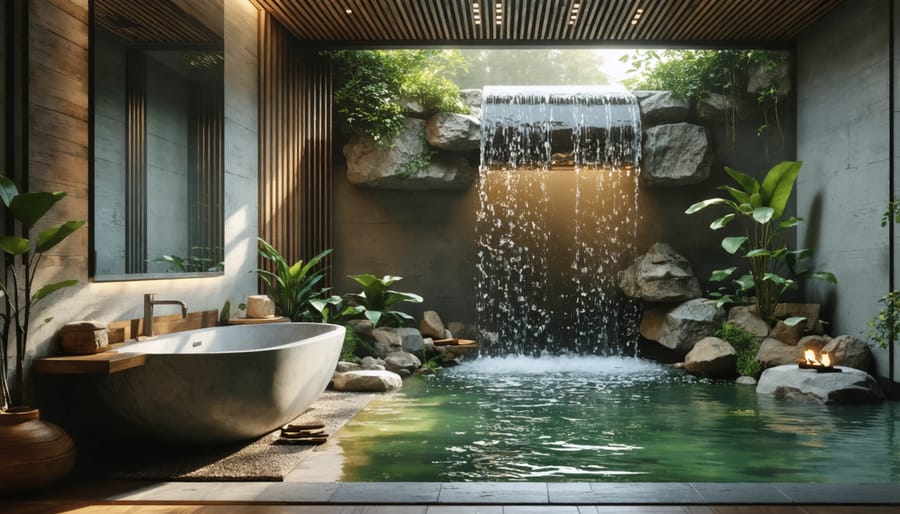 Peaceful bathroom design incorporating water features and natural materials