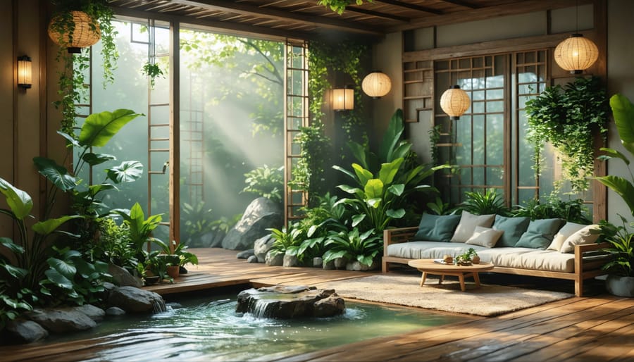 Serene home interior showcasing natural elements therapy with wooden furniture, indoor plants, a water feature, and abundant natural lighting.