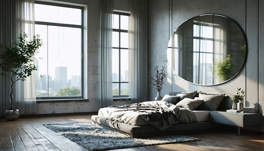 Bright bedroom interior showing natural light enhancement through window design and mirror placement