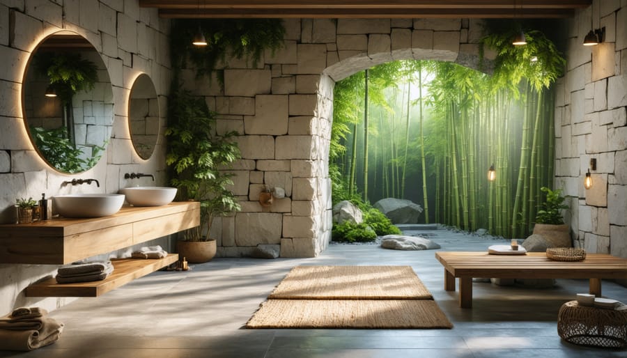 Bathroom interior showcasing various natural materials and textures