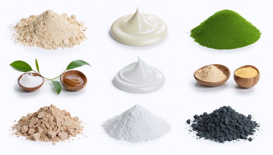 Arranged display of raw natural paint ingredients used in eco-friendly paint production