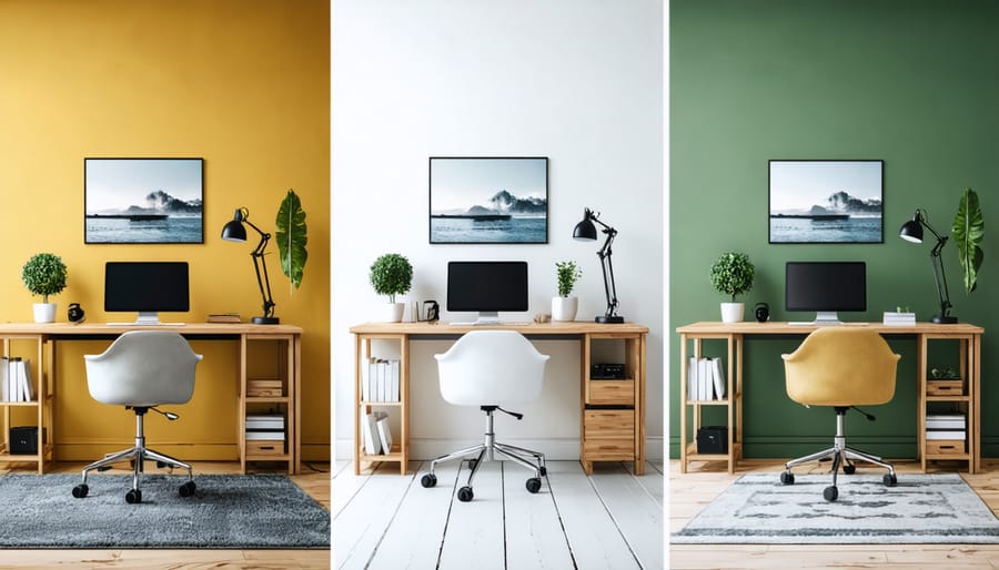 Three home office designs showcasing color schemes for creative, focused, and high-energy work environments